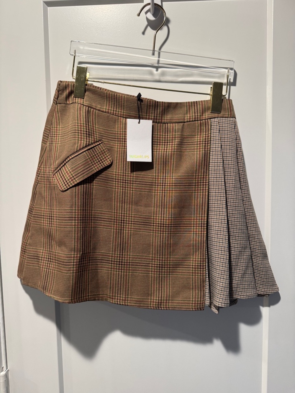 Sugarlips Brown Plaid Mixed-Panel Mini Skirt